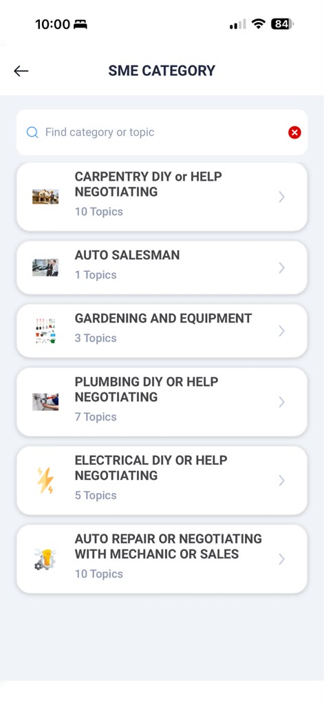 Task Monsters app — SME category screen with Help Negotiating across trades