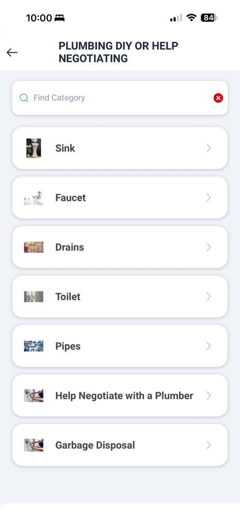 Task Monsters app — choose garbage disposal topic under Plumbing