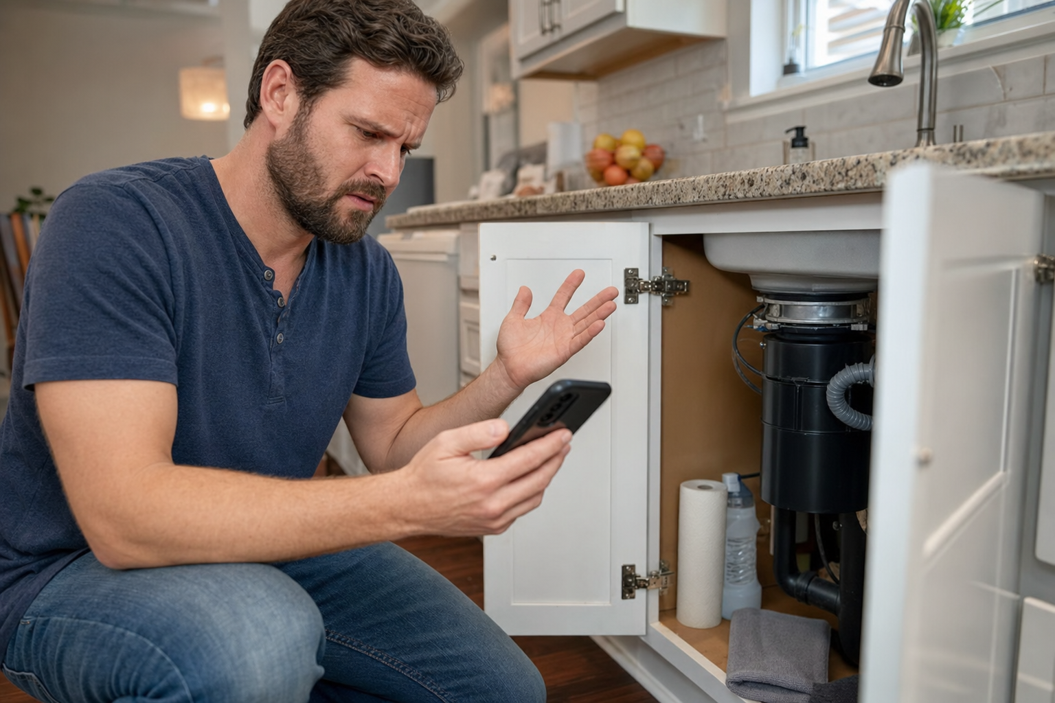 Homeowner frustrated — garbage disposal not working, under-sink cabinet open