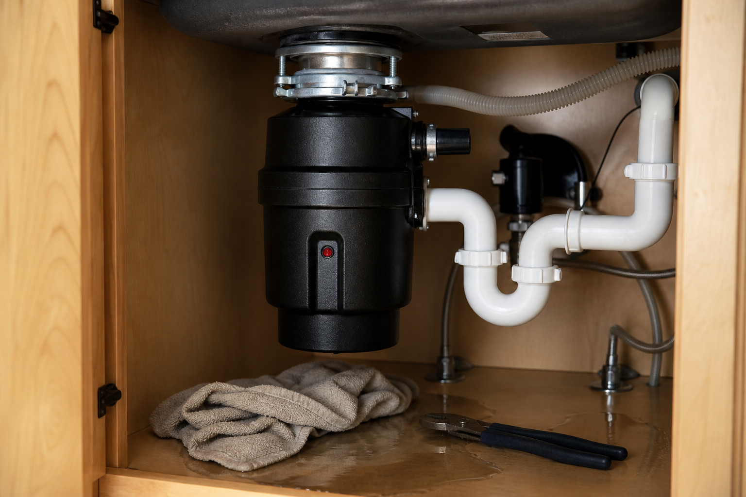 Mike frustrated — garbage disposal humming under the sink, cabinet open