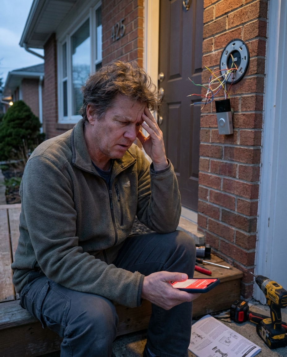 Homeowner stuck installing smart doorbell — setup failed on phone, wires exposed